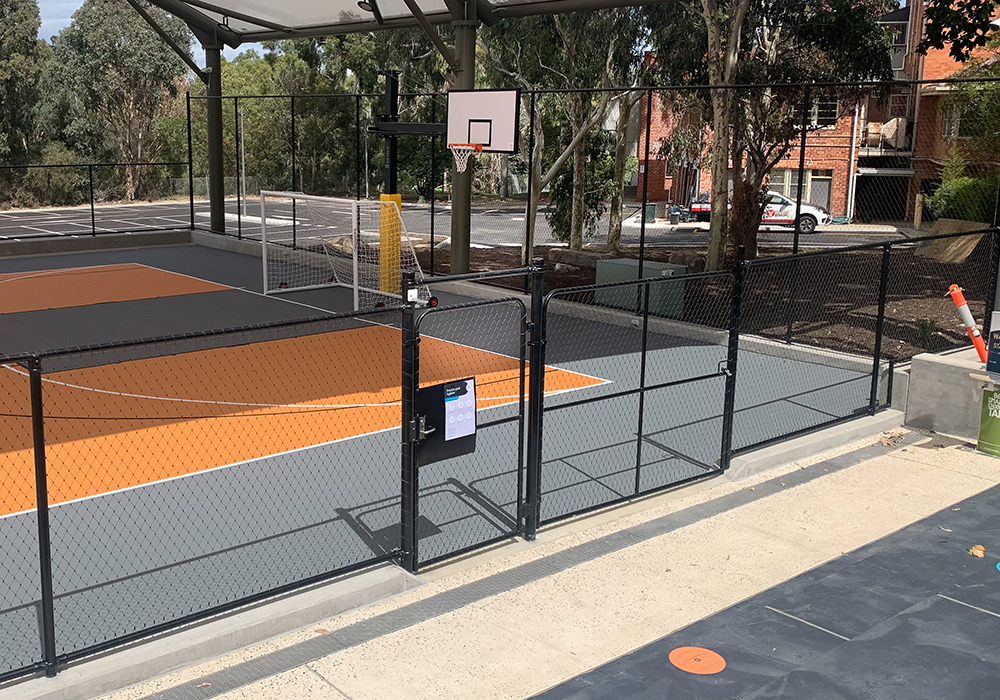 black PVC coated chain link mesh futsal court enclosure with gates2